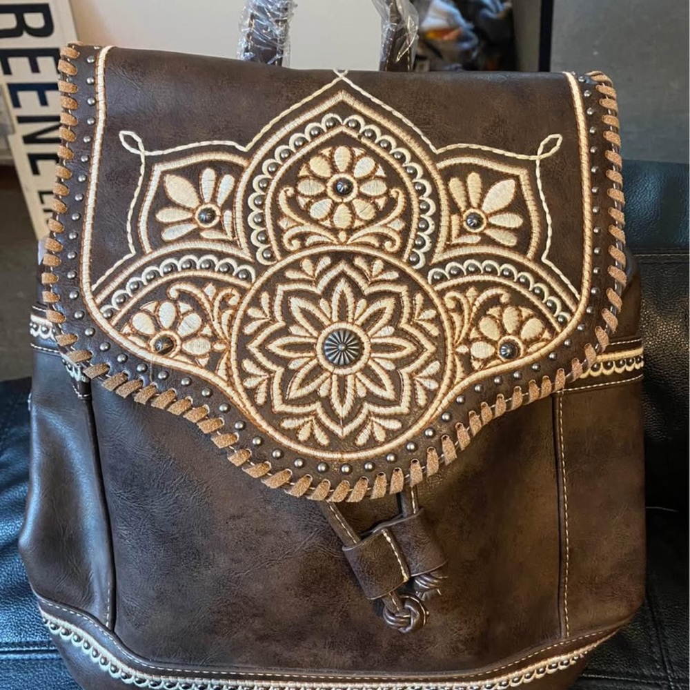Brown Embroidered Backpack